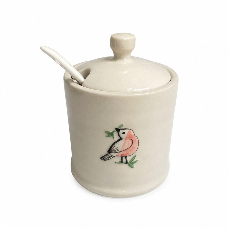 Ceramic Seasoning Jar with Wood Base, Hand-Painted Bird Relief - product view 1