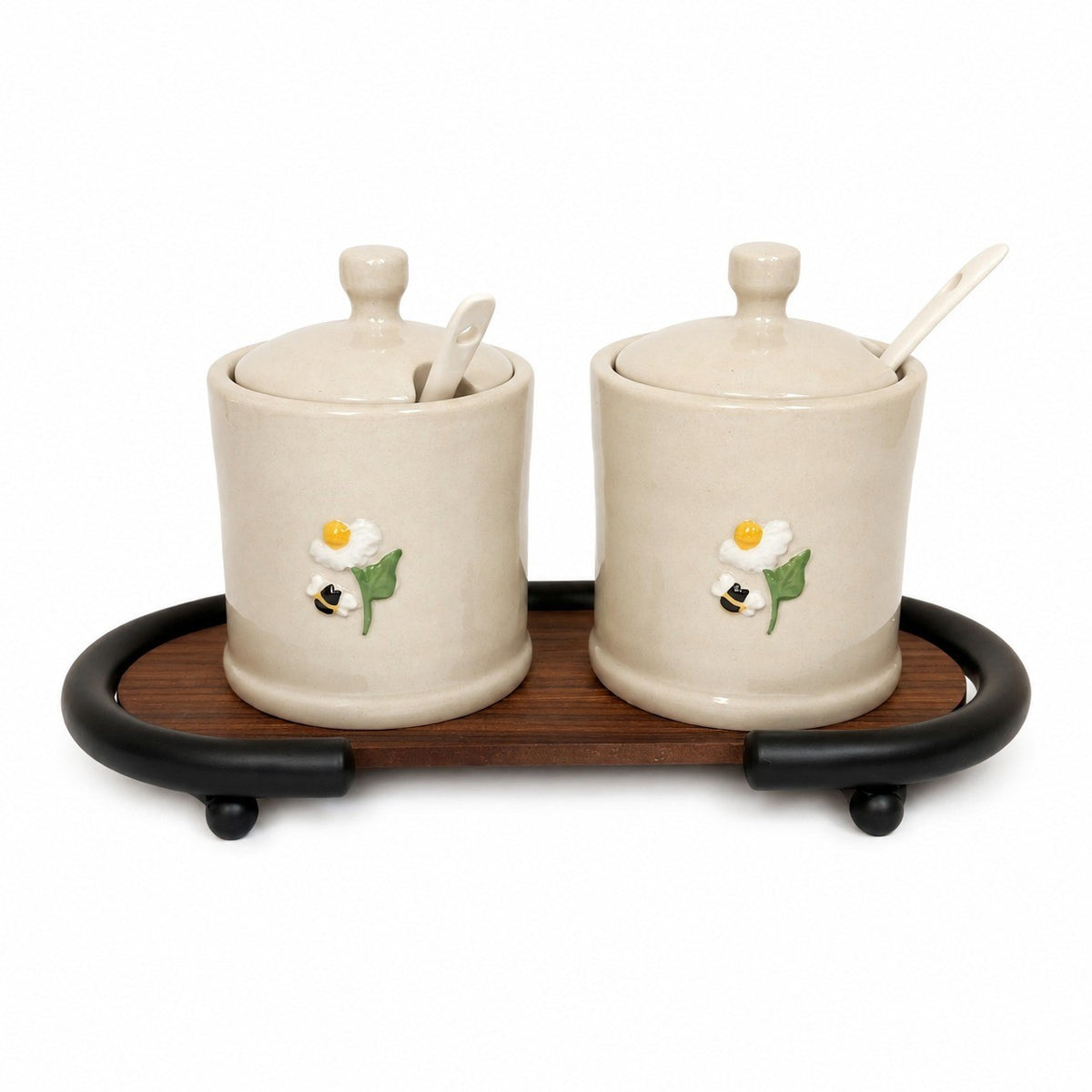 Ceramic Seasoning Jar with Wood Base, Hand-Painted Bird Relief - product view 5