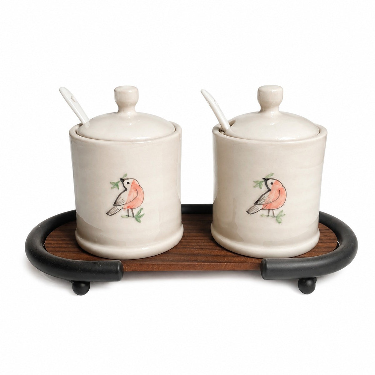 Ceramic Seasoning Jar with Wood Base, Hand-Painted Bird Relief - product view 6
