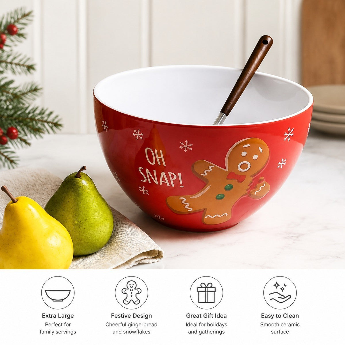 Gingerbread Man Extra Large Bowl, Holiday Christmas Serving Bowl, Festive Decor - detail 2