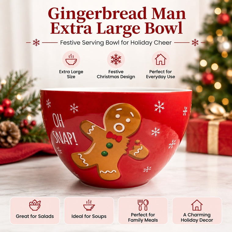 Gingerbread Man Extra Large Bowl, Holiday Christmas Serving Bowl, Festive Decor - detail 1