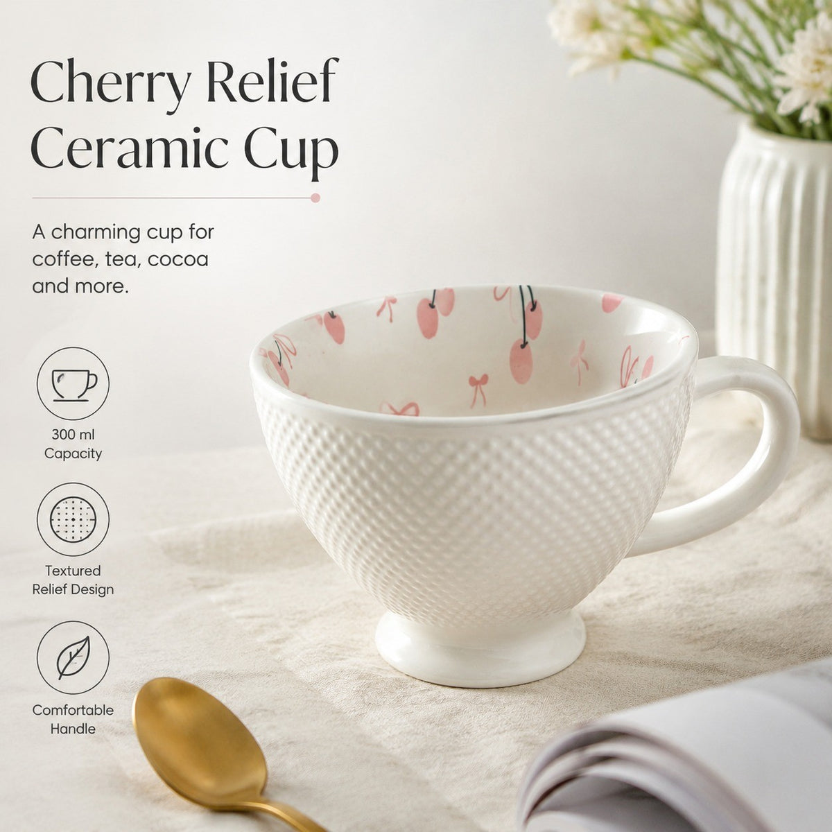 White Cherry Relief Ceramic Cup, 300 ml - detail 1