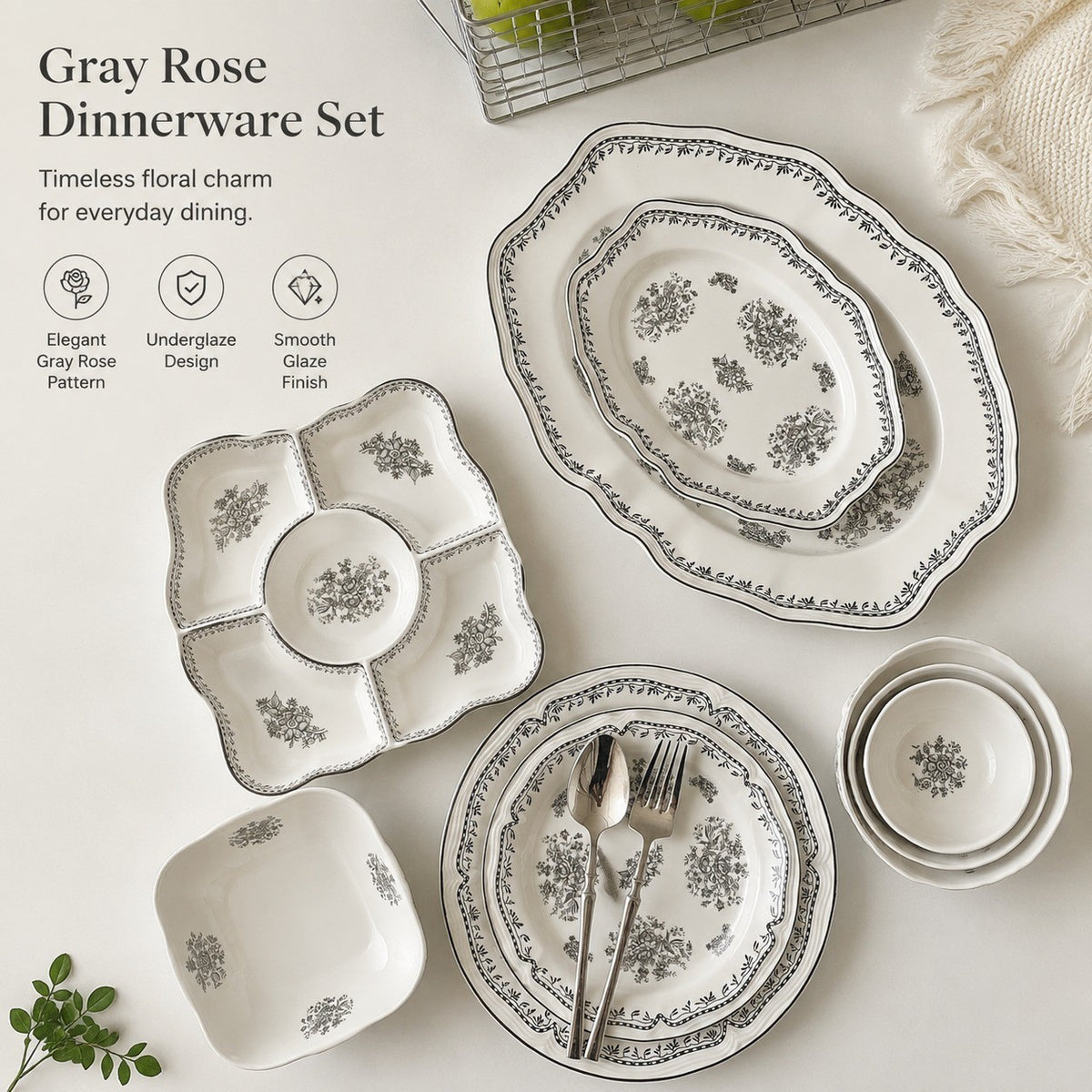Gray Rose Ceramic Bowl, 3.8 Inch, Underglaze Decorative - detail 2