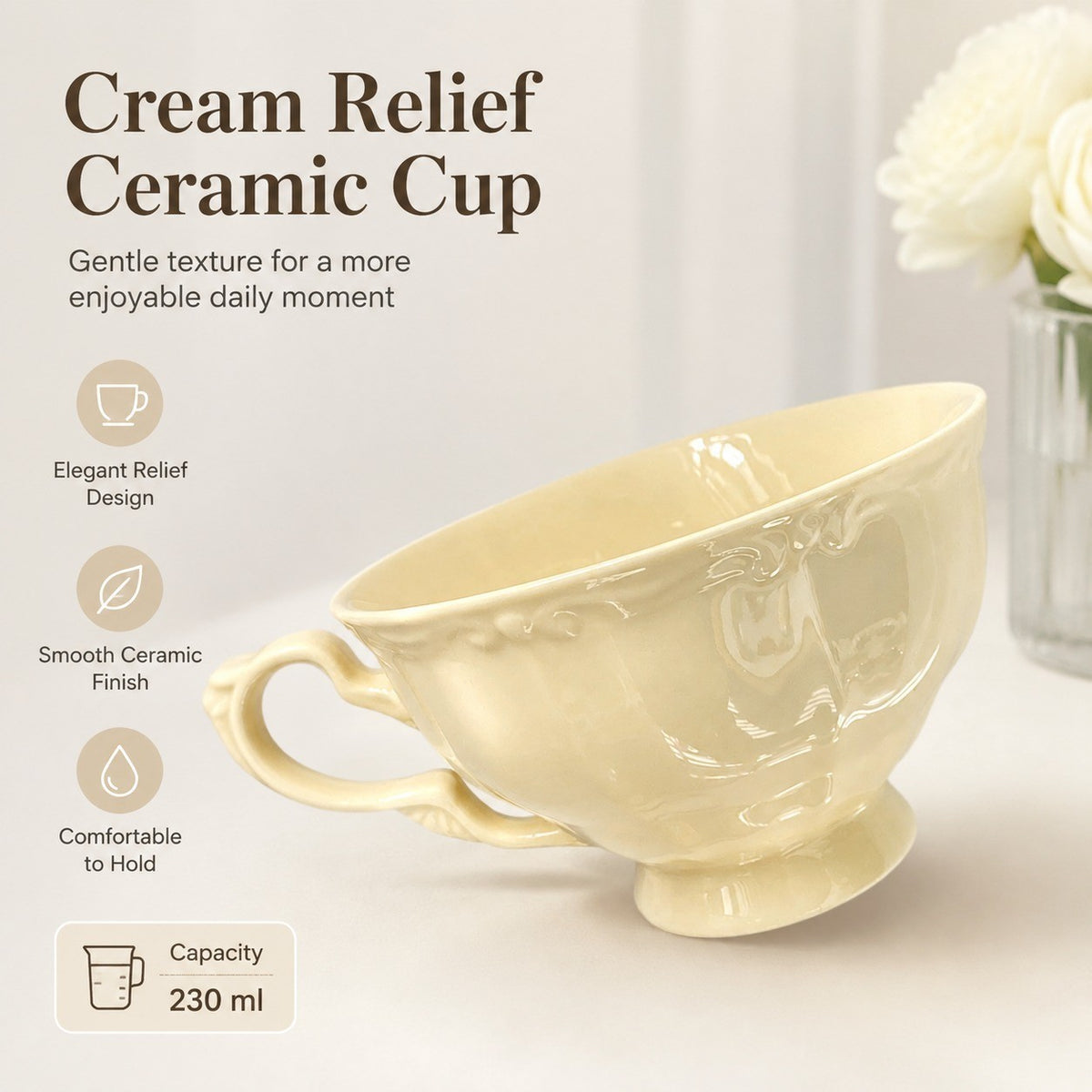 Cream Relief Ceramic Cup, 230 ml - detail 1