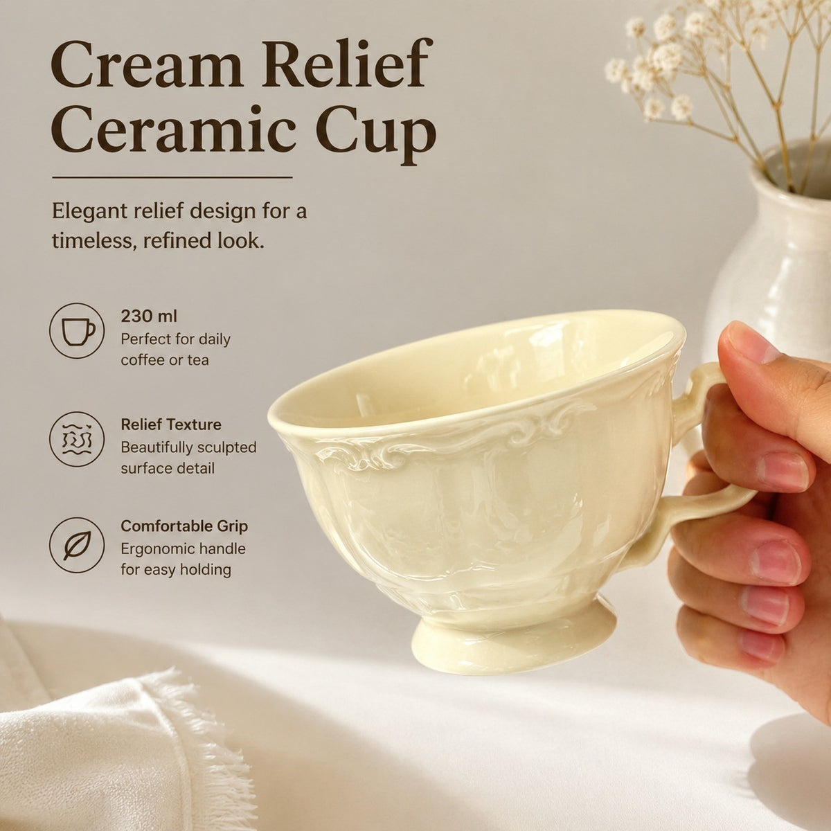 Cream Relief Ceramic Cup, 230 ml - detail 2