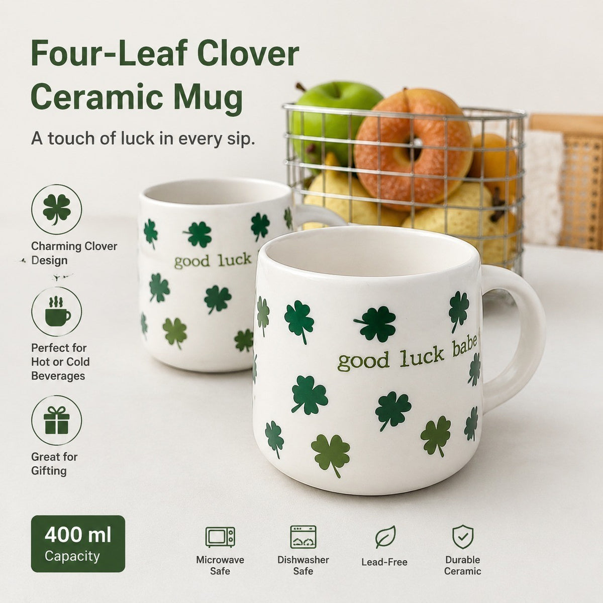 Four-Leaf Clover Ceramic Cup 400 ml, Clover Design Coffee Mug - detail 2