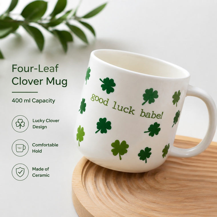Four-Leaf Clover Ceramic Cup 400 ml, Clover Design Coffee Mug - detail 1