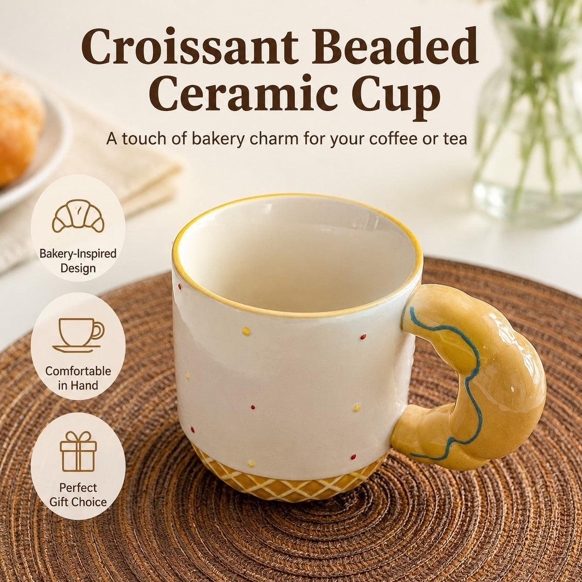 Croissant Beaded Ceramic Cup, Relief Detailing, Coffee Tea Mug - detail 2