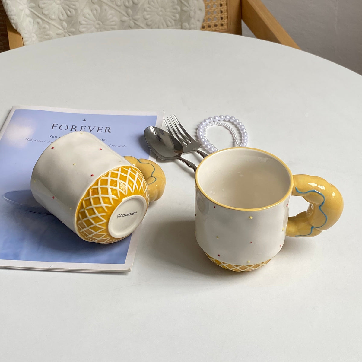 Croissant Beaded Ceramic Cup, Relief Detailing, Coffee Tea Mug - detail 3