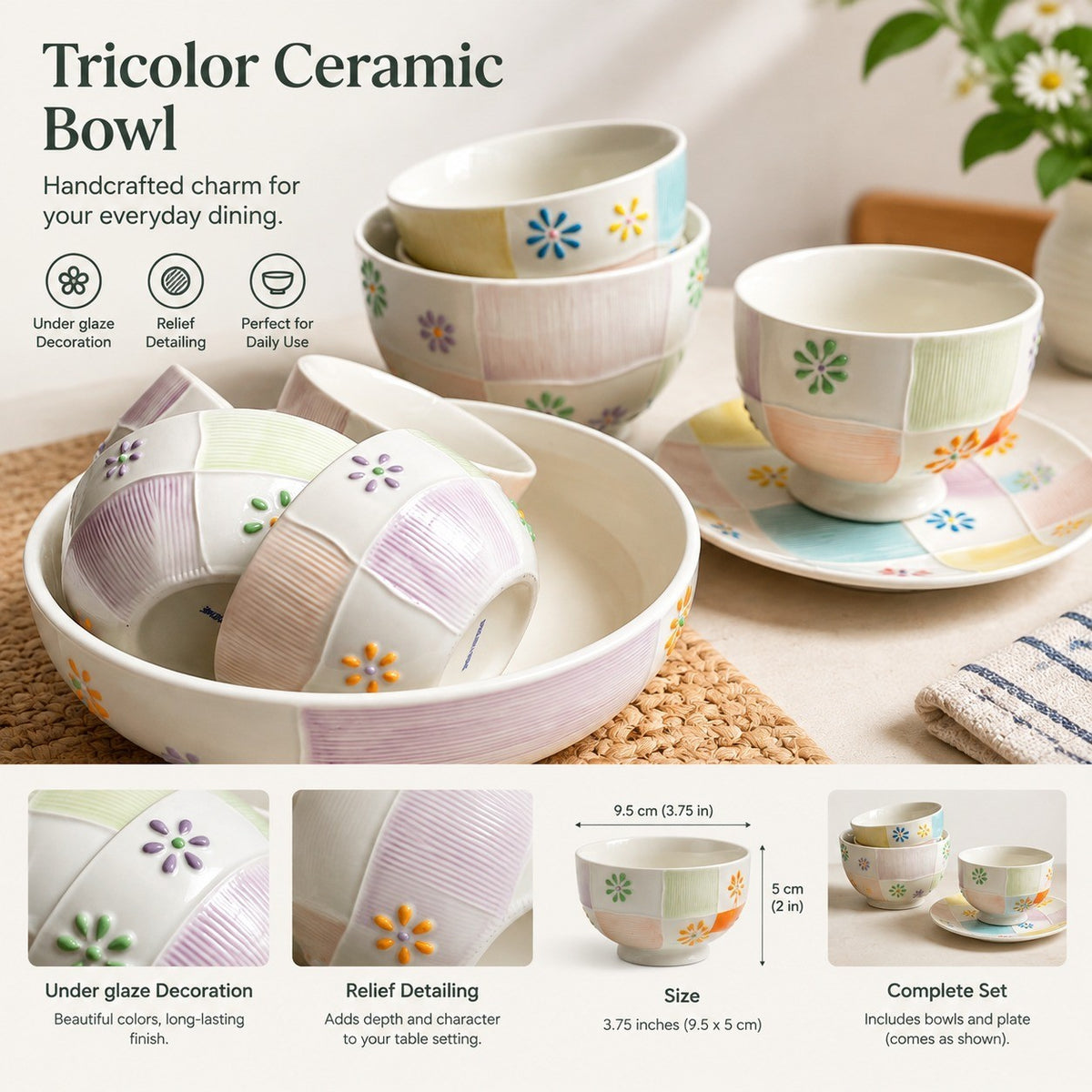 Tricolor Ceramic Breakfast Cup, Underglaze Relief Decorative Mug - detail 2