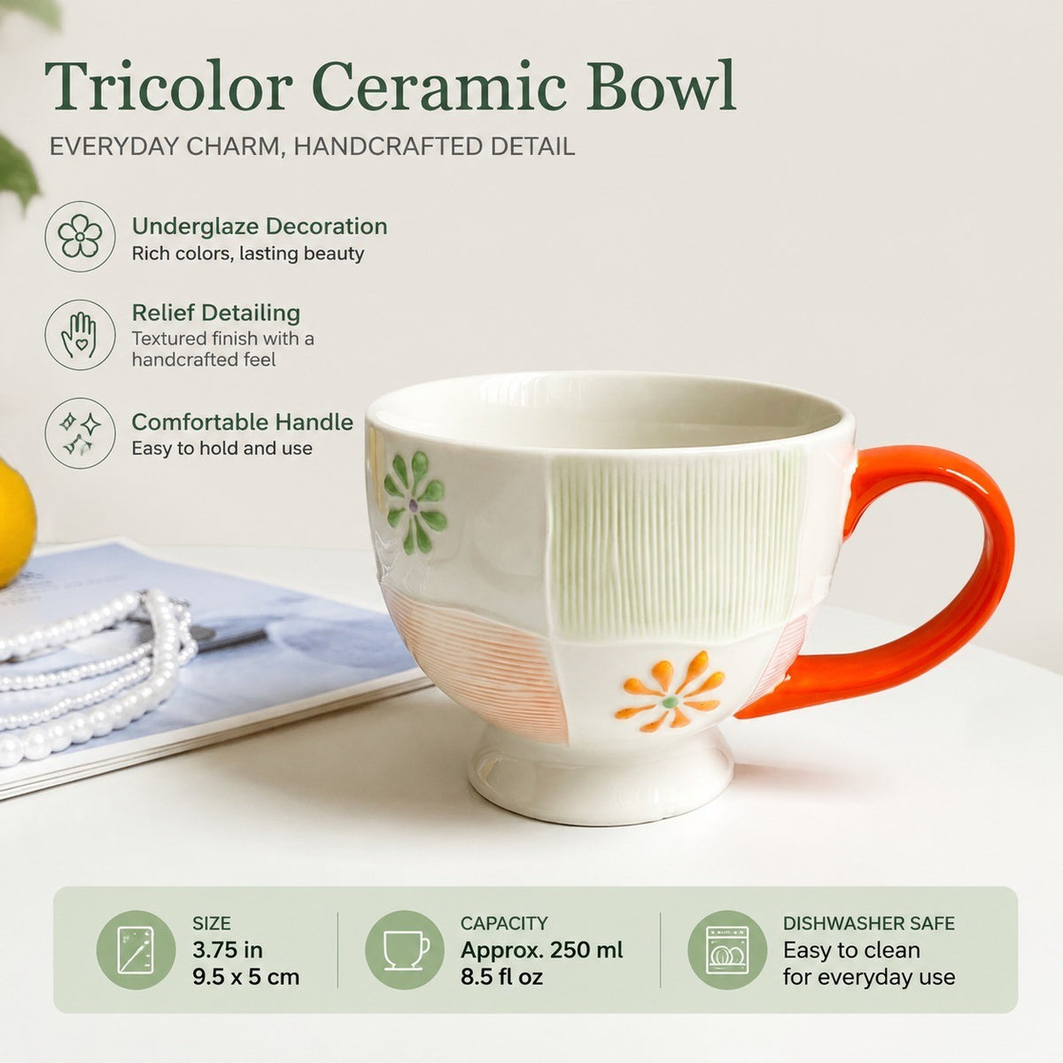 Tricolor Ceramic Breakfast Cup, Underglaze Relief Decorative Mug - detail 1