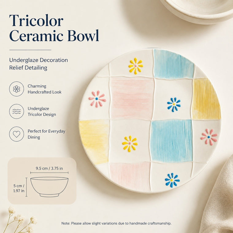 Tricolor Ceramic Plate, 7 Inch, 17.5 x 2 cm, Underglaze Relief Decorative - detail 1
