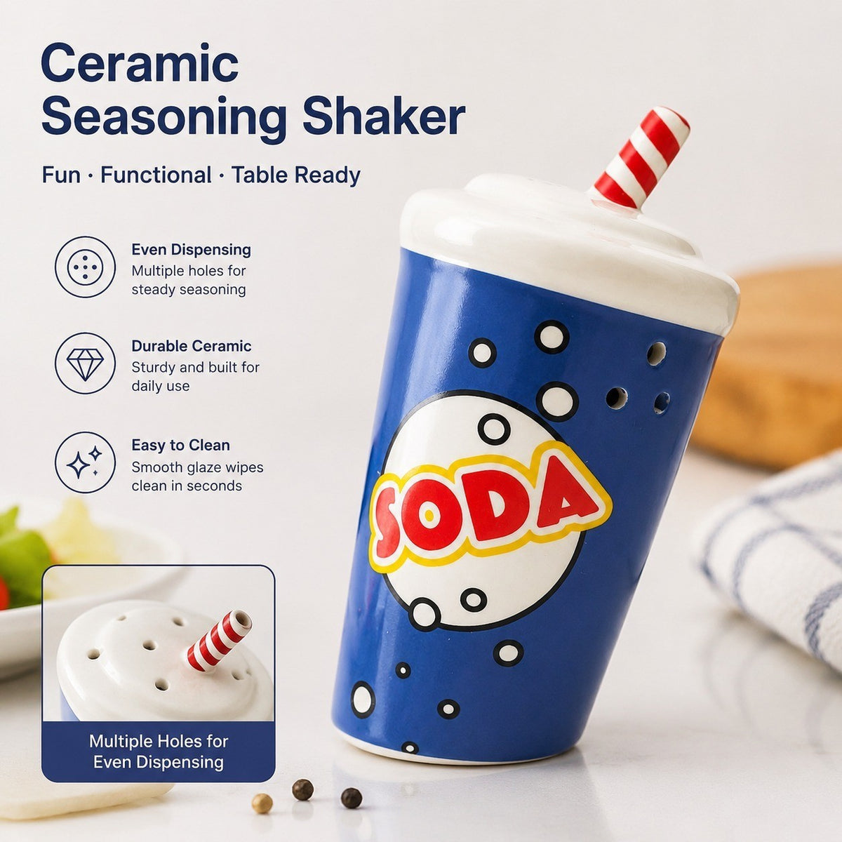 Ceramic Seasoning Shaker, Small Beverage Design, Spice Condiment Dispenser Tabletop Accessory - detail 1