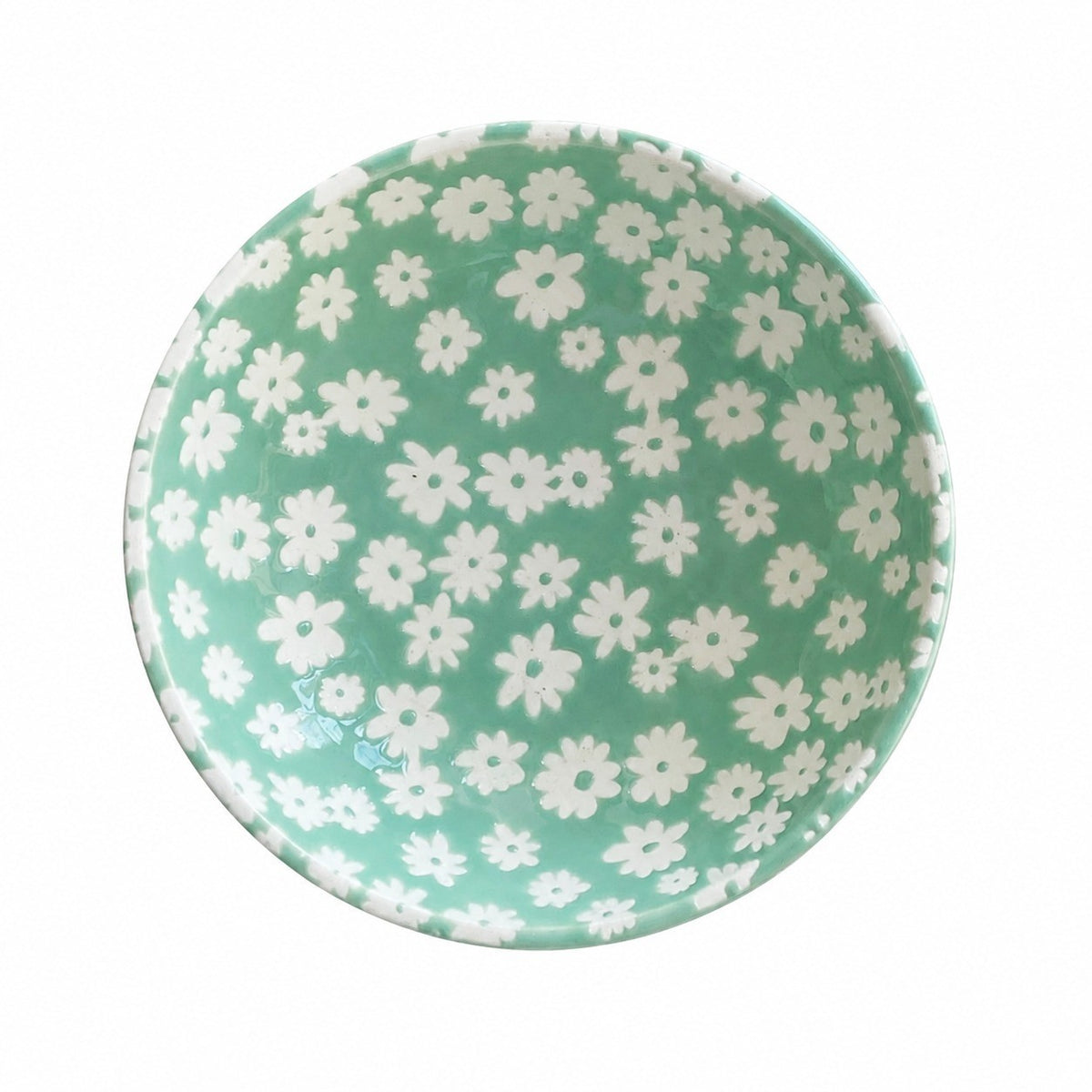 Small White Flower Green Ground Shallow Bowl, Ceramic Decorative - product view 1