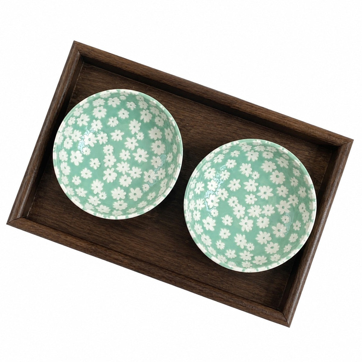 Small White Flower Green Ground Shallow Bowl, Ceramic Decorative - product view 2