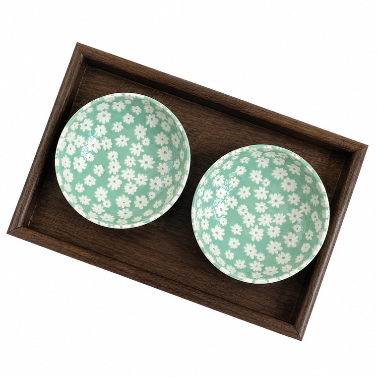 Small White Flower Green Ground Shallow Bowl, Ceramic Decorative - product view 2
