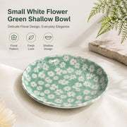 Small White Flower Green Ground Shallow Bowl, Ceramic Decorative - detail 1