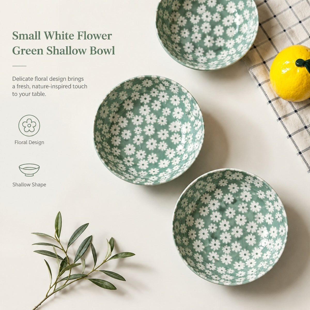 Small White Flower Green Ground Shallow Bowl, Ceramic Decorative - detail 2