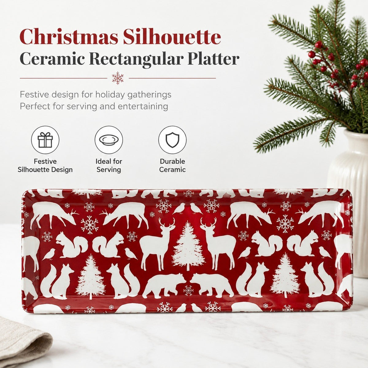 Ceramic Rectangular Platter, Christmas Silhouette Design, Festive Serving Dish - detail 2