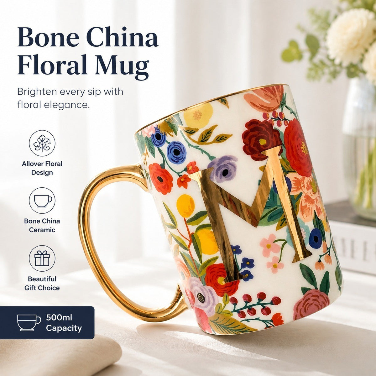 Bone China Cup with Gold Handle, Allover Floral, 500ml - detail 1