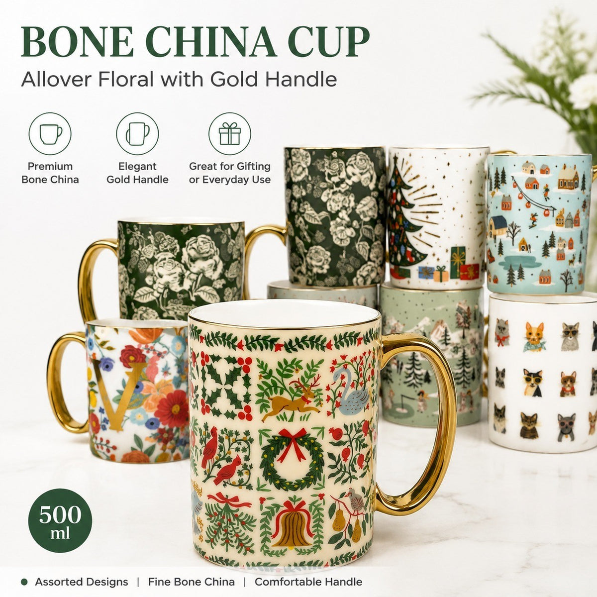Bone China Cup with Gold Handle, Allover Floral, 500ml - detail 3