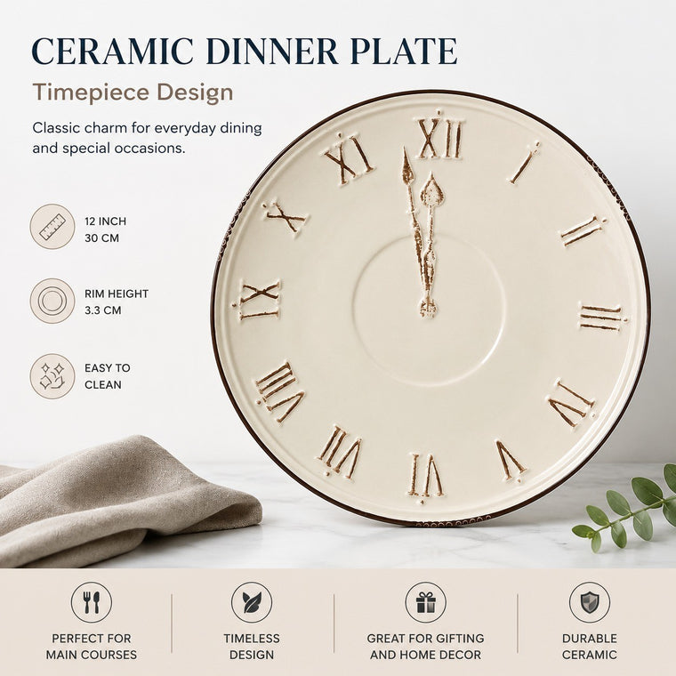 Ceramic Dinner Plate 12 Inch, Timepiece Design, 30 x 3.3 cm, Decorative - detail 1