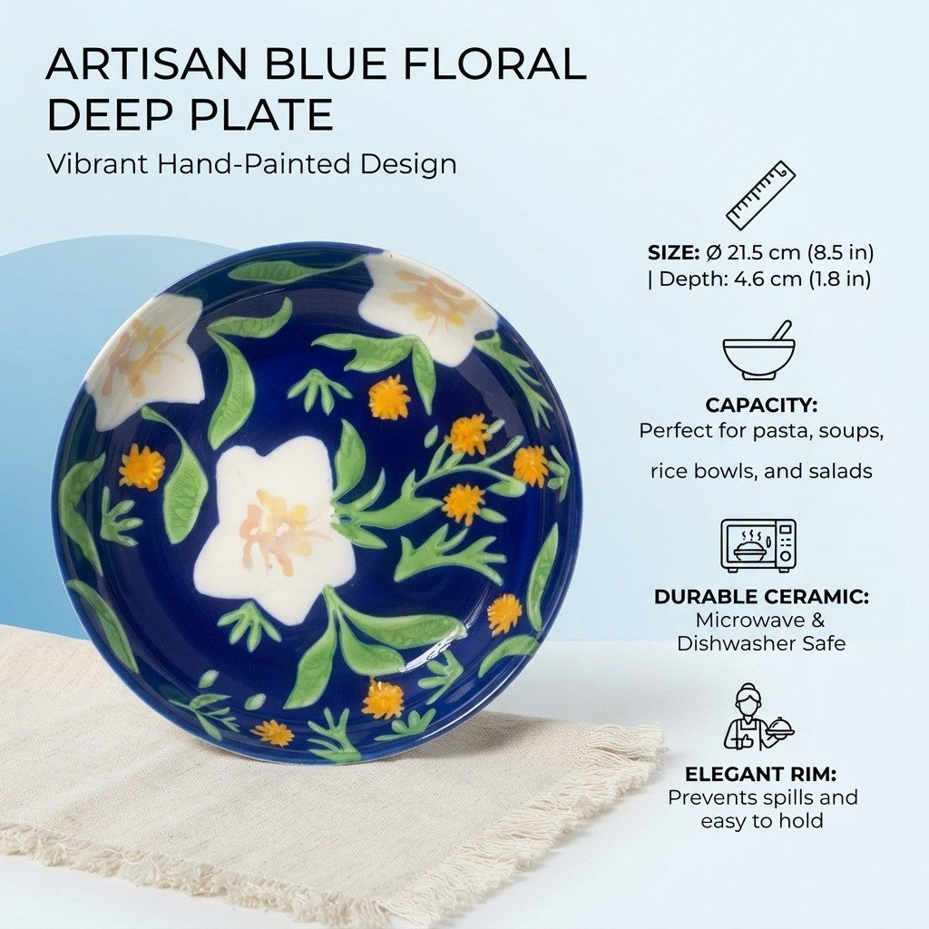 Ceramic Deep Plate 21.5 x 4.6 cm, Blue Floral, Dinnerware - detail 2