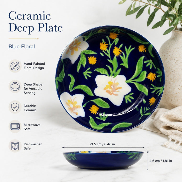 Ceramic Deep Plate 21.5 x 4.6 cm, Blue Floral, Dinnerware - detail 1