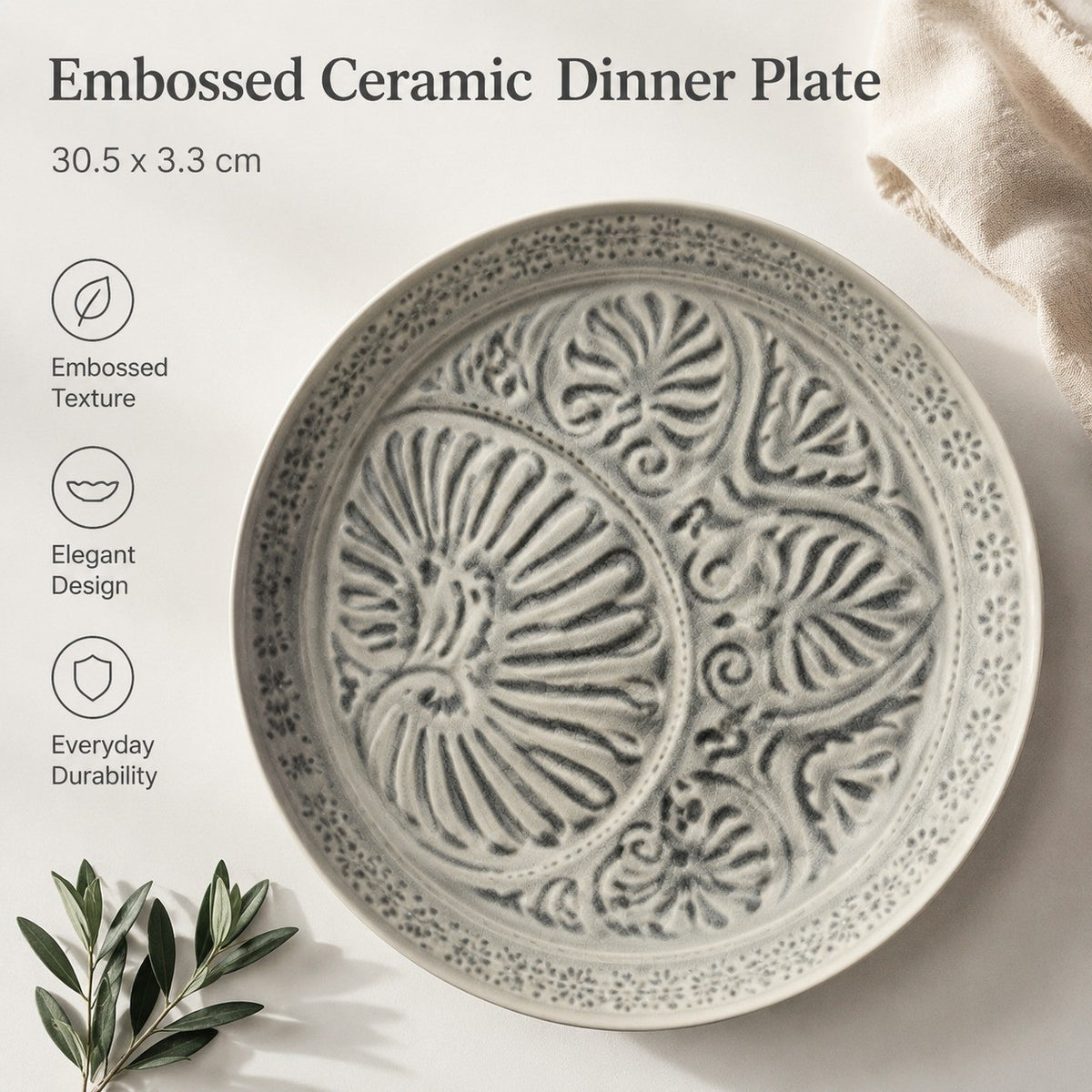 Gray Embossed Ceramic Plate, 30.5 x 3.3 cm, Large Dinnerware - detail 3