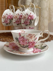 Ceramic Cup and Saucer Set, Red and White Peony Design - detail 2