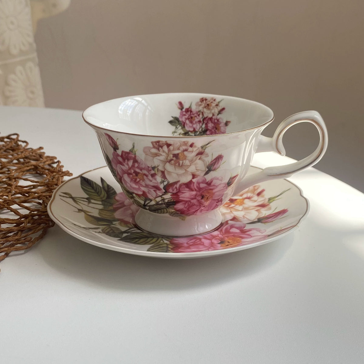 Ceramic Cup and Saucer Set, Red and White Peony Design - detail 1