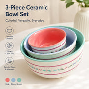 Ceramic Bowl Set, 3-Piece, Red Blue Green, Dinnerware - detail 1