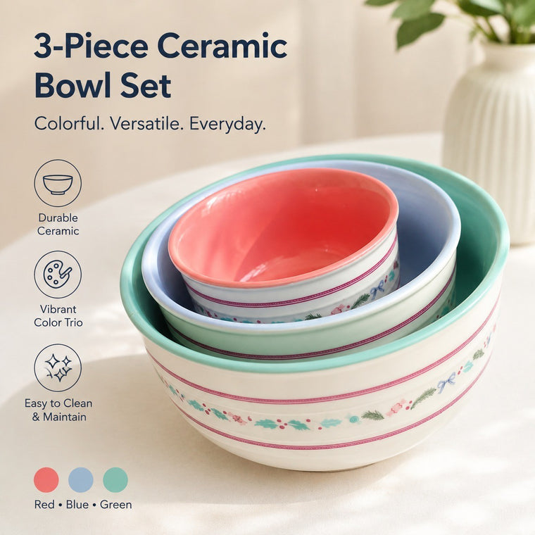 Ceramic Bowl Set, 3-Piece, Red Blue Green, Dinnerware - detail 1