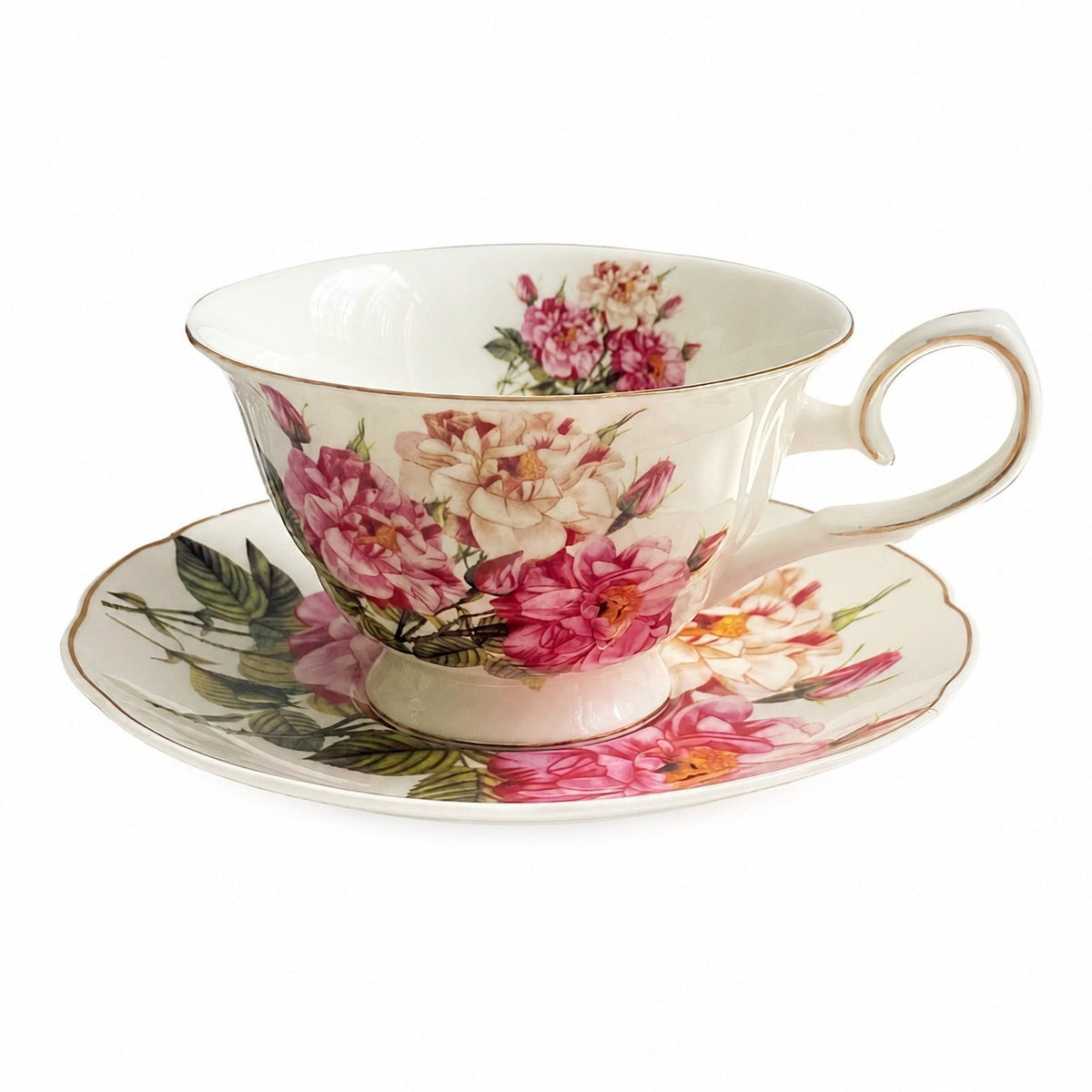 Ceramic Cup and Saucer Set, Red and White Peony Design - product view 4