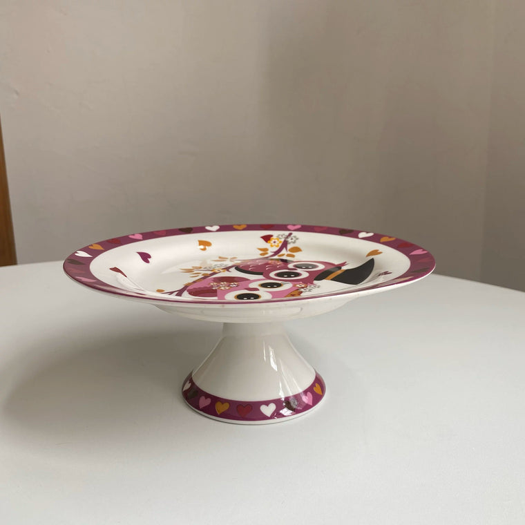 Ceramic Footed Plate 19.5 x 8 cm, Pink Owl Design, Decorative Dinnerware - detail 1