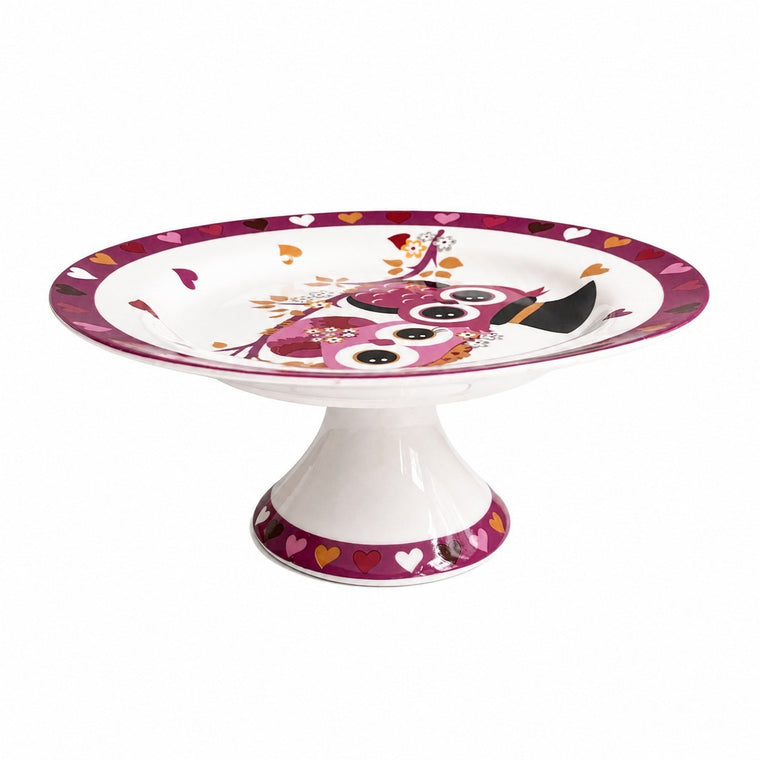 Ceramic Footed Plate 19.5 x 8 cm, Pink Owl Design, Decorative Dinnerware - product view 1