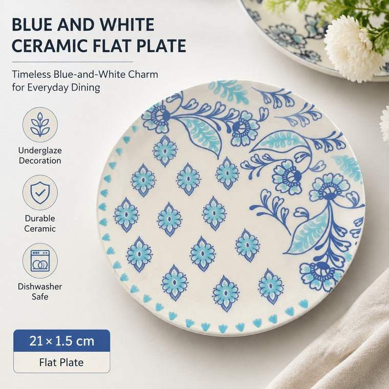 Blue and White Ceramic Flat Plate, 21 x 1.5 cm, Underglaze Decoration - detail 1