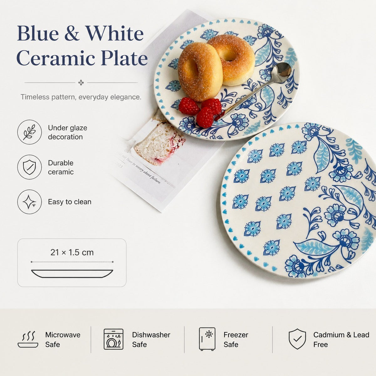 Blue and White Ceramic Flat Plate, 21 x 1.5 cm, Underglaze Decoration - detail 3