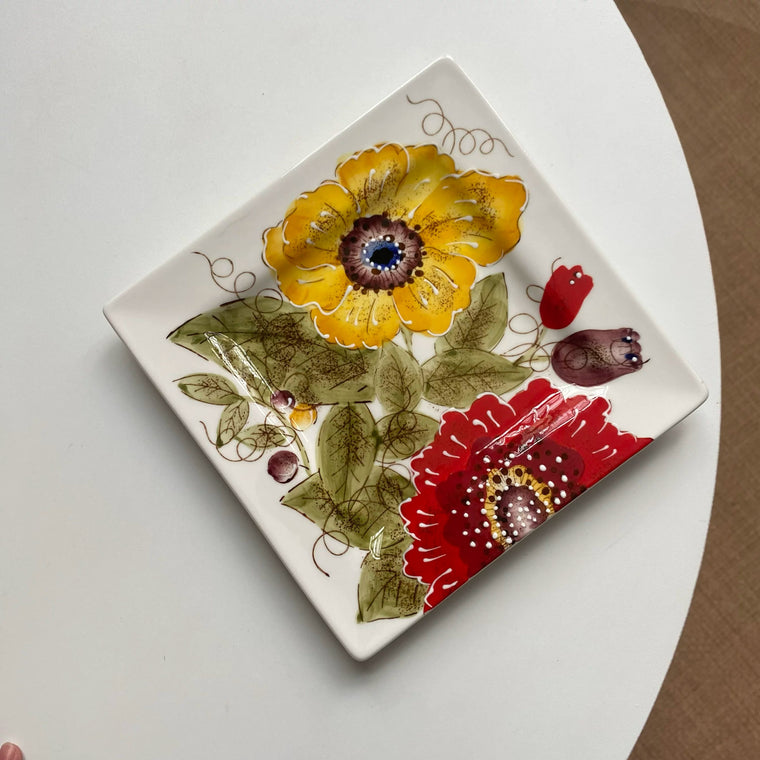 Hand-Painted Yellow Floral Ceramic Plate, 21.5 x 2 cm, Underglaze Decorative Dinnerware - detail 1