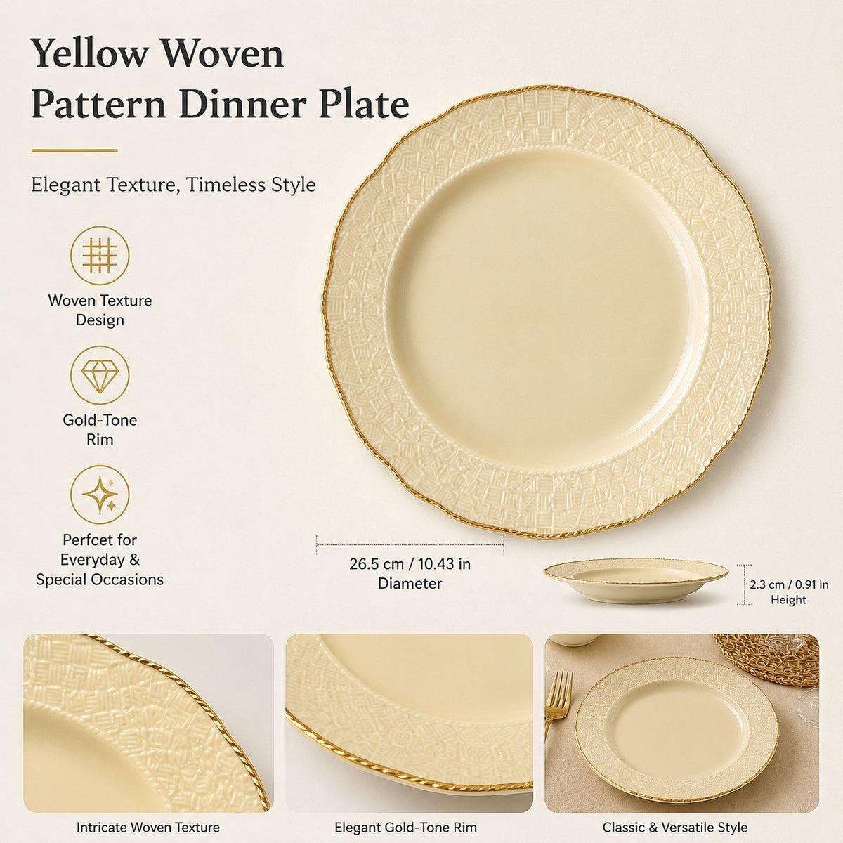 Yellow Woven Pattern Plate, 26.5 x 2.3 cm, Large Decorative Dinnerware - detail 3