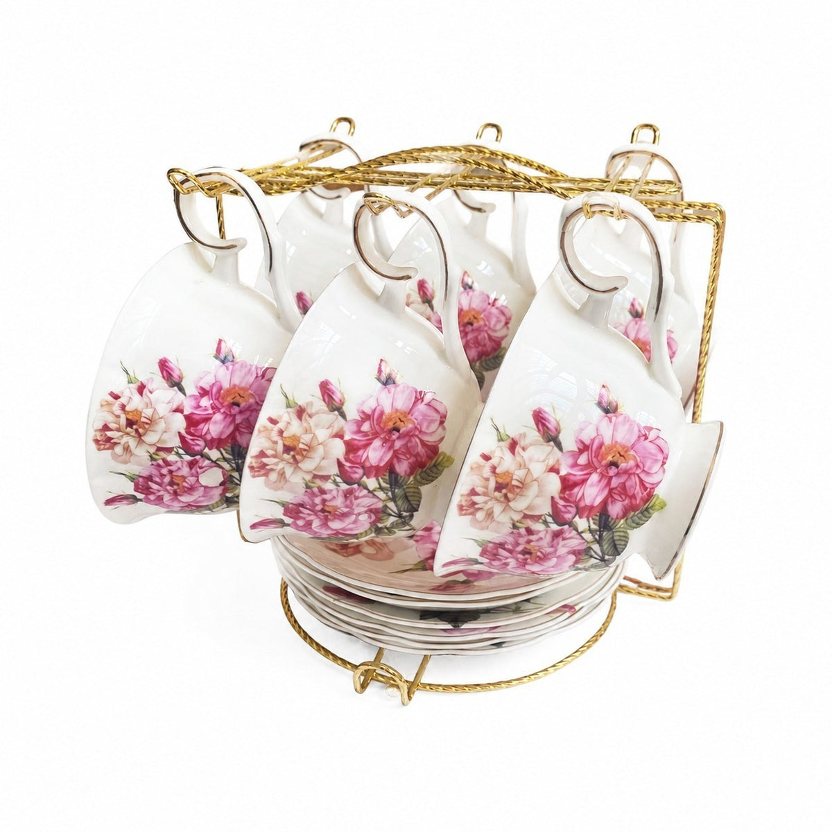 Ceramic Cup and Saucer Set, Red and White Peony Design - product view 2
