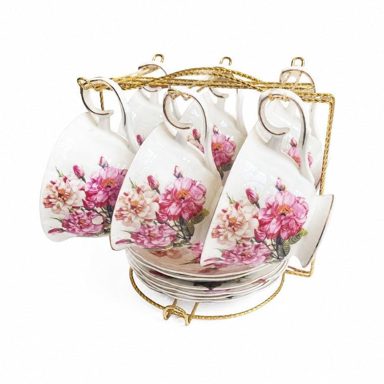 Ceramic Cup and Saucer Set, Red and White Peony Design - product view 2