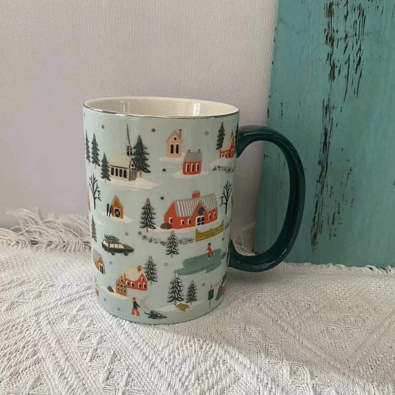 Bone China Cup with Green Handle, Snow House Design, 500 ml - detail 1