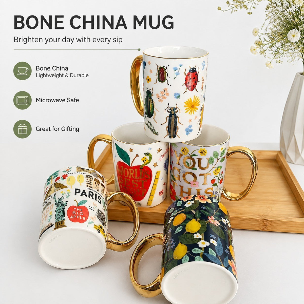 Bone China Cup with Green Handle, Snow House Design, 500 ml - detail 2