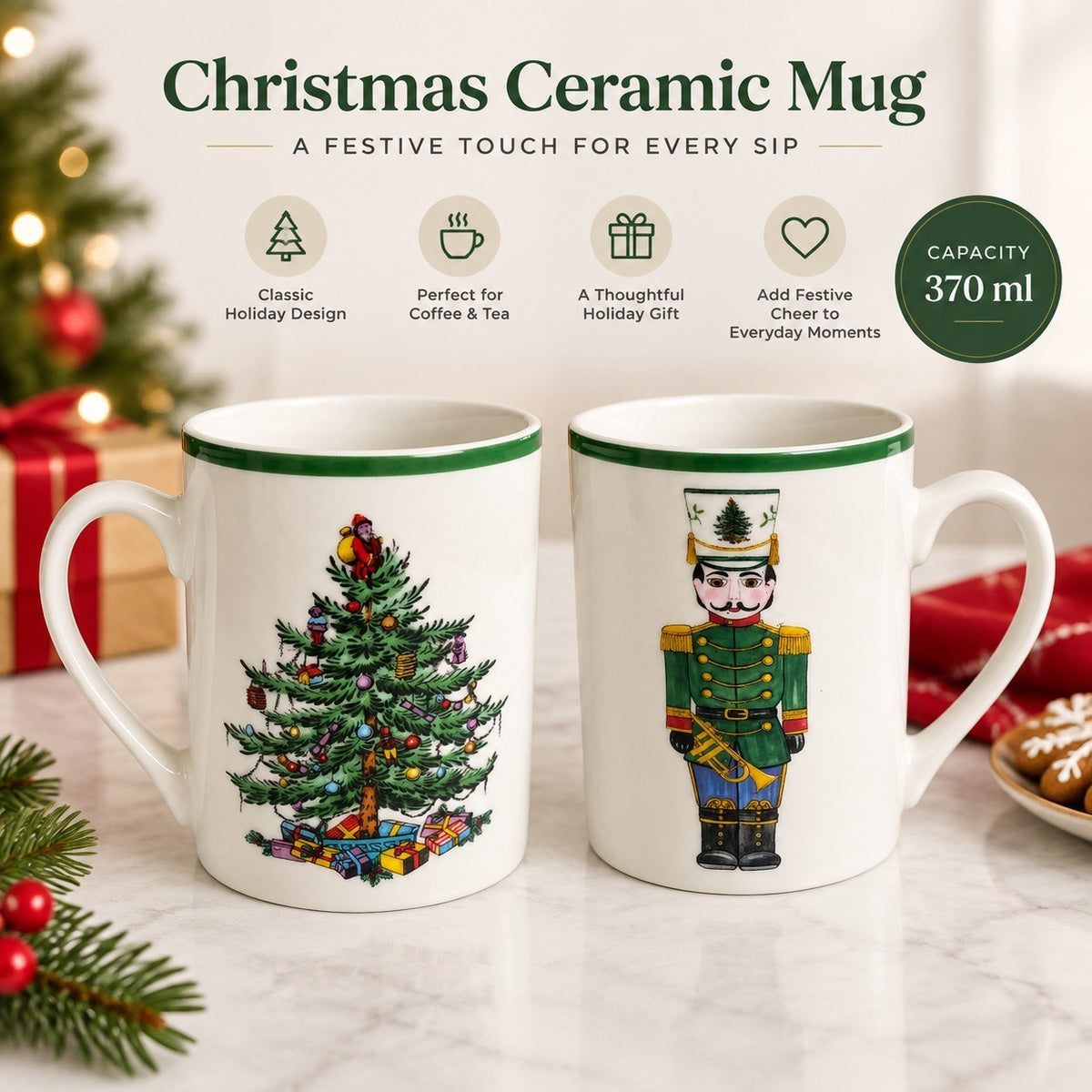 Ceramic Cup 220 ml, Green Peony Design, Tea Coffee Mug - detail 1