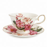 Ceramic Cup and Saucer Set, Red and White Peony Design - product view 3