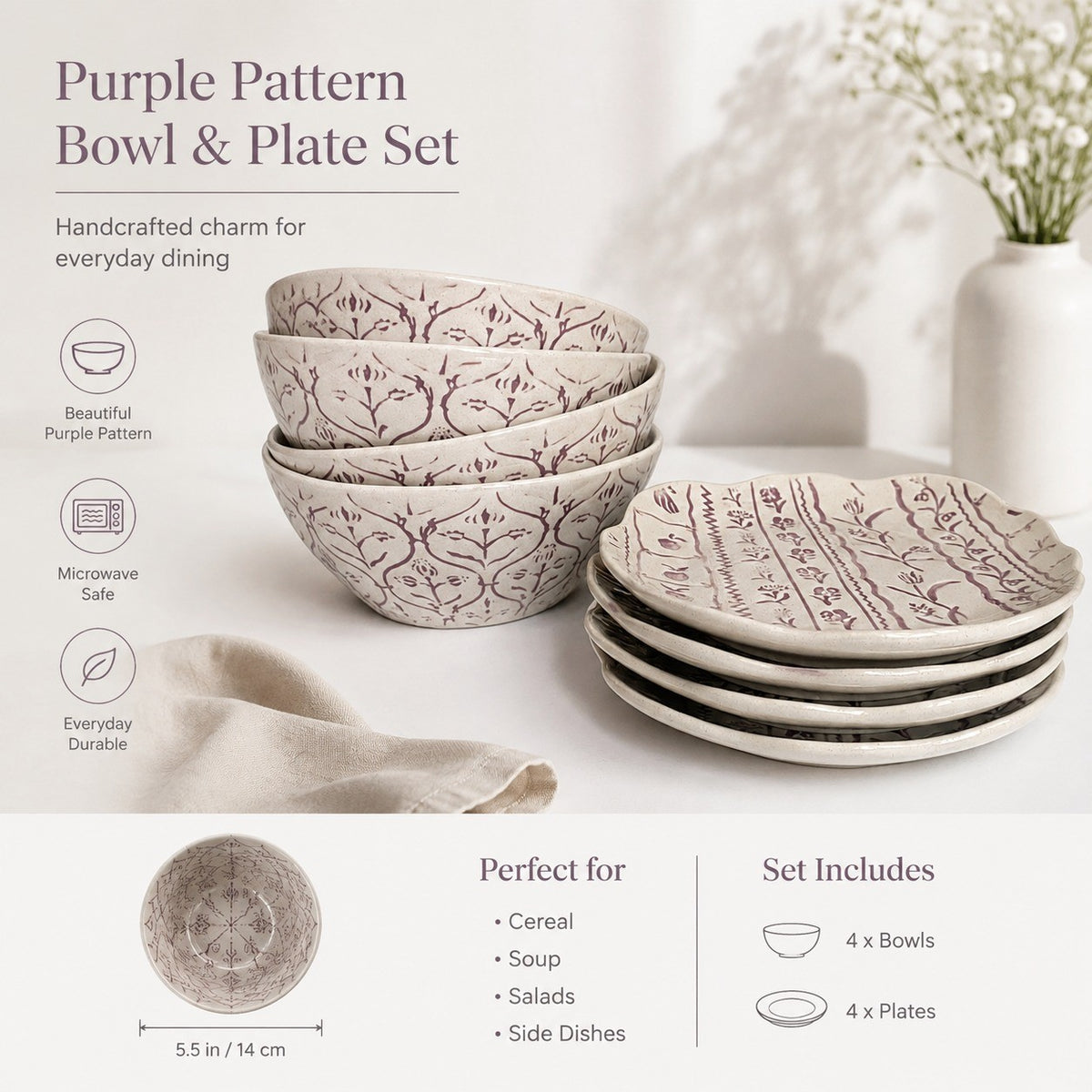 Ceramic Bowl, 5.5 Inch, Purple Pattern, Single Serving - detail 2