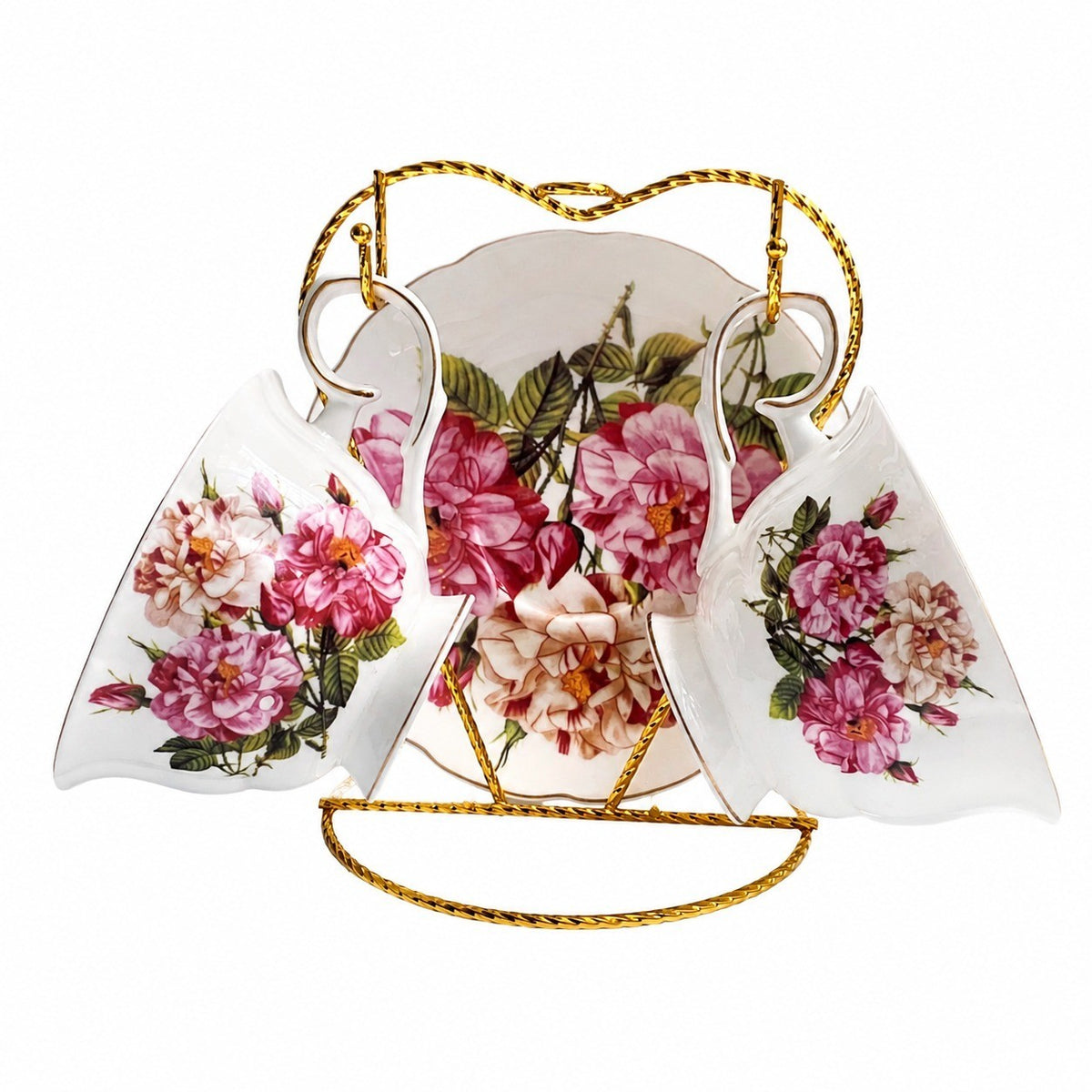 Ceramic Cup and Saucer Set, Red and White Peony Design - product view 1