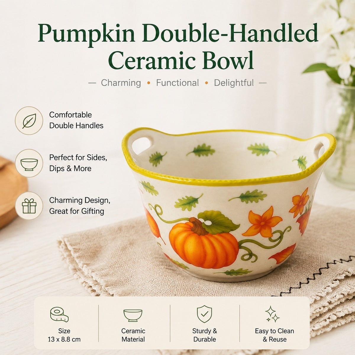Ceramic Small Bowl, Pumpkin Double-Handled, 13 x 8.8 cm, Decorative Serving Dish - detail 1