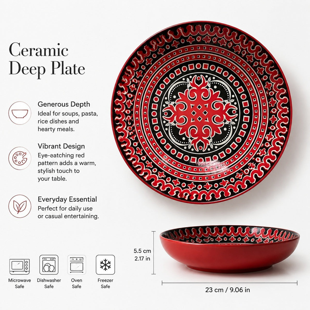 Ceramic Deep Plate Red, 23 x 5.5 cm, Underglaze, Dinnerware - detail 3